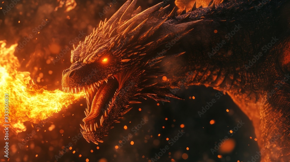 Fototapeta premium Fiery Dragon Breathing Fire