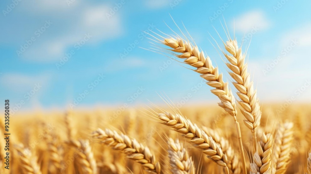 Close-up view of golden wheat ears against a bright blue sky, showcasing the beauty of nature and agricultural abundance. Close-up view of golden wheat ears against a bright blue sky, showcasing the beauty of nature and agricultural abundance.