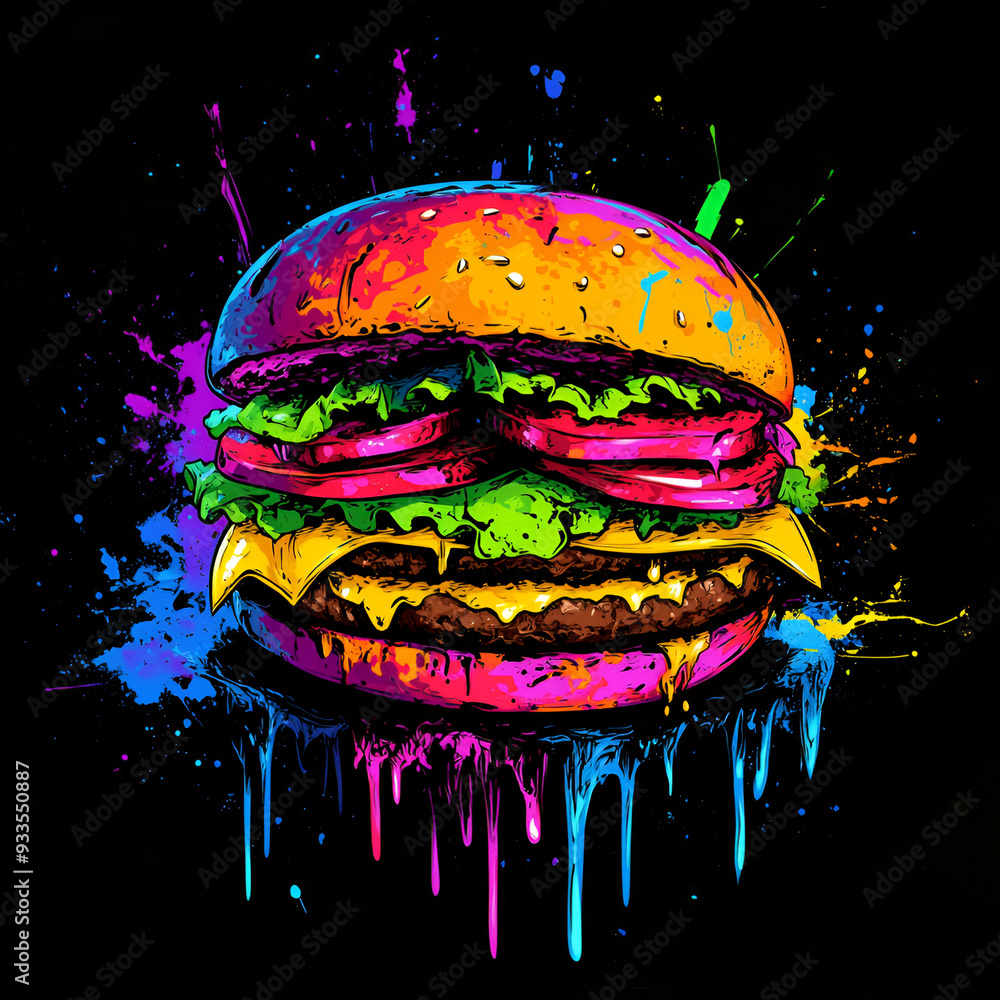 Vibrant Graffiti-Style Cheeseburger Illustration with Neon Colors and Dripping Paint on a Black Background for Modern Pop Art and Streetwear Designs Vibrant Graffiti-Style Cheeseburger Illustration with Neon Colors and Dripping Paint on a Black Background for Modern Pop Art and Streetwear Designs