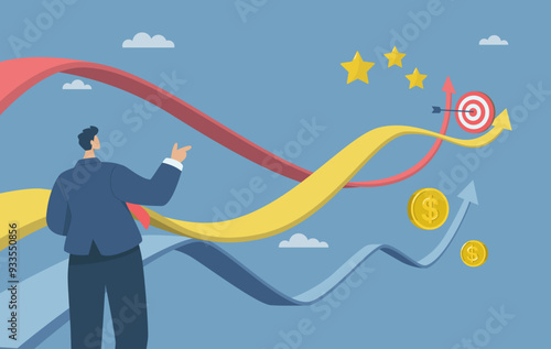 Business decisions or choices, Finding the right direction, Business opportunities or paths to success, Using vision to decide the path ahead, Businessman are choosing a business path. Vector.
