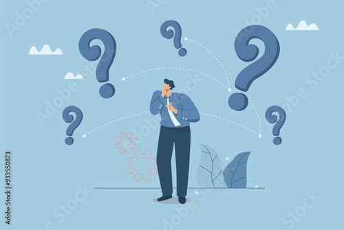Problems or questions with business decisions, Thinking of strategies for working for the success of the company, Search questions or ideas, Businessman with many question marks. Vector illustration.