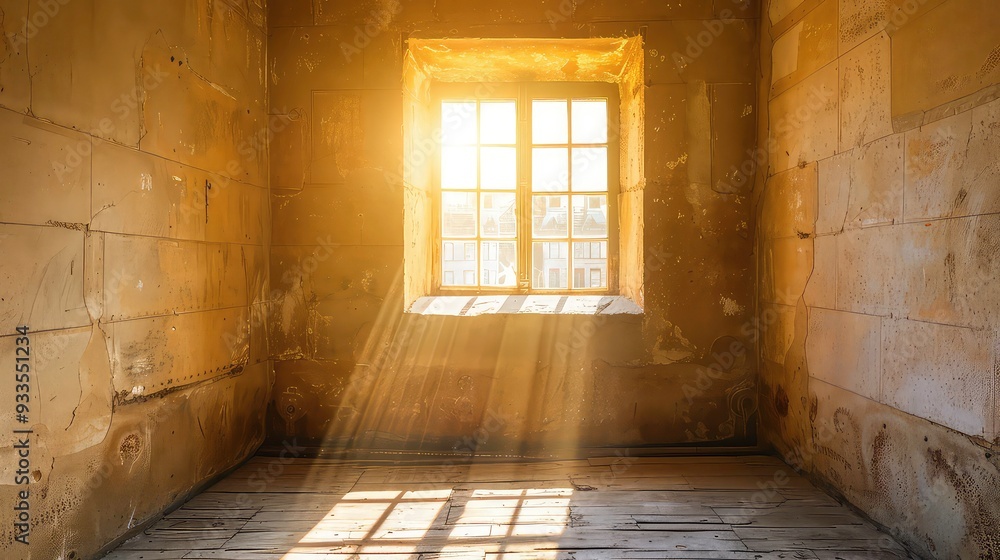 A sunlit room with a window in a derelict building. Generative AI A sunlit room with a window in a derelict building. Generative AI