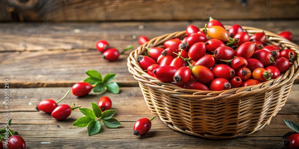 Fresh rosehip berries in a rustic basket , Harvest, organic, natural, skincare, health, vitamin C, antioxidant, plant, autumn Fresh rosehip berries in a rustic basket , Harvest, organic, natural, skincare, health, vitamin C, antioxidant, plant, autumn