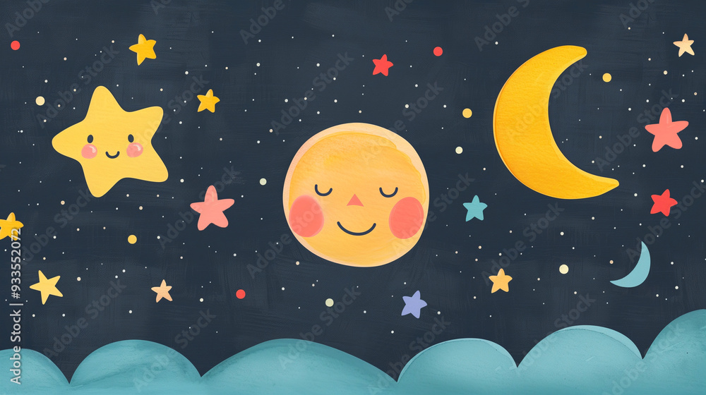 Whimsical Night Sky with Moon and Stars, Cute Cartoon Illustration for Children, Sleepy Moon and Smiling Star, Dark Blue Background, Nighttime Scene, Child's Room Decor Whimsical Night Sky with Moon and Stars, Cute Cartoon Illustration for Children, Sleepy Moon and Smiling Star, Dark Blue Background, Nighttime Scene, Child's Room Decor
