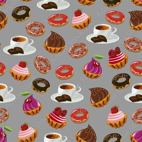 Cup with a drink and sweet desserts.Colored vector pattern with cups and sweet desserts on a gray background.
