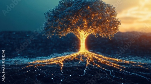 A single tree with lush green leaves stands tall, its roots extending into a network of glowing lines, representing growth and connection.