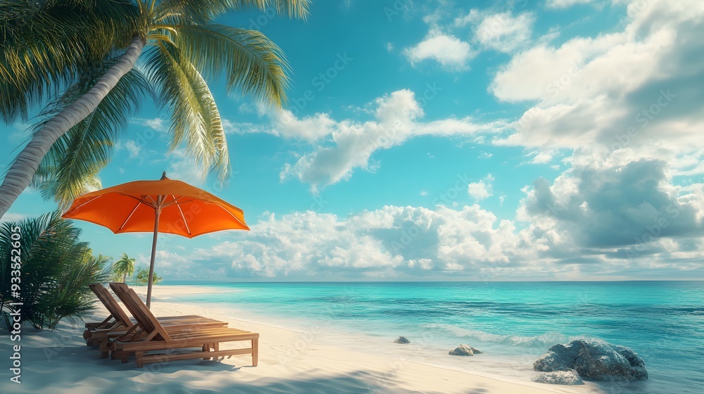 Tropical beach paradise, orange beach umbrella, wooden lounge chairs, pristine white sand, crystal clear turquoise water, palm tree, blue sky with fluffy white clouds. Tropical beach paradise, orange beach umbrella, wooden lounge chairs, pristine white sand, crystal clear turquoise water, palm tree, blue sky with fluffy white clouds.