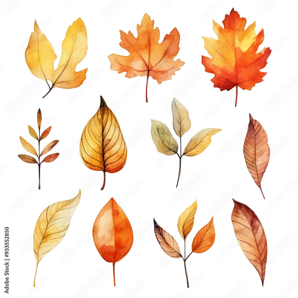 A collection of 12 watercolor illustrations of autumn leaves in various shapes and colors, perfect for fall-themed designs. A collection of 12 watercolor illustrations of autumn leaves in various shapes and colors, perfect for fall-themed designs.