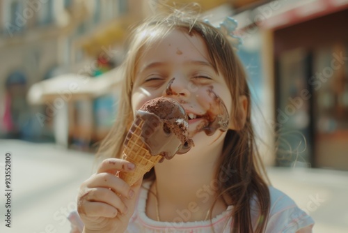 Sweet girl enjoying vivid and bright sunny day park. Candid moment of carefree child resonating warmth and wonder of spring. Child's eyes sparkle while eating ice cream. photo