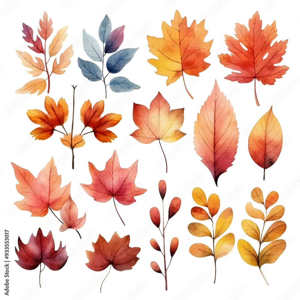 A collection of 16 watercolor autumn leaves in various shapes, sizes, and colors. A collection of 16 watercolor autumn leaves in various shapes, sizes, and colors.