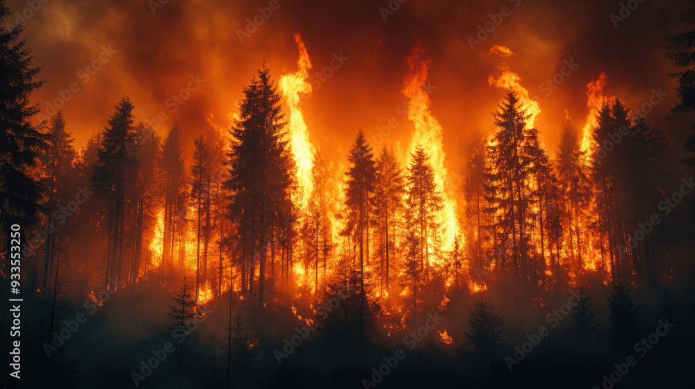 Forest engulfed in intense flames during a wildfire, with tall trees burning under a dark smoky sky Forest engulfed in intense flames during a wildfire, with tall trees burning under a dark smoky sky