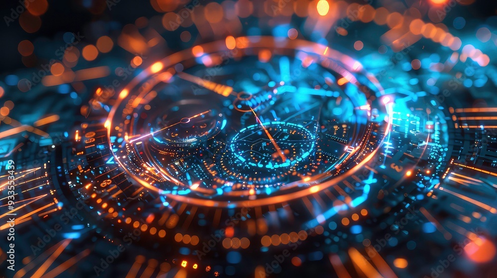 A close-up abstract image featuring a circular design with glowing lights and metallic elements, creating a futuristic and technological aesthetic. Generative AI A close-up abstract image featuring a circular design with glowing lights and metallic elements, creating a futuristic and technological aesthetic. Generative AI