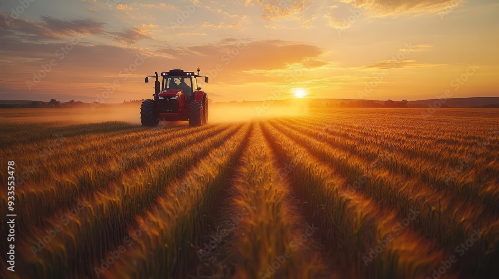 Fototapeta premium tractor spraying crops at golden hour in a vast agricultural field misty spray catches the warm light highlighting modern farming techniques and sustainable agriculture practices