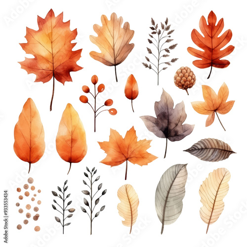 A collection of 18 autumn leaves and twigs in watercolor style.