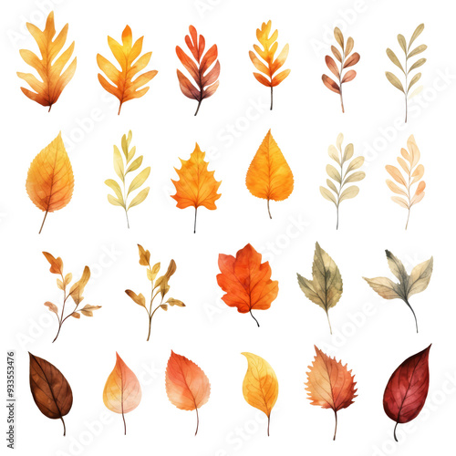 A collection of 24 autumn leaves in various shades of red, orange, yellow, and brown, digitally painted in a watercolor style.