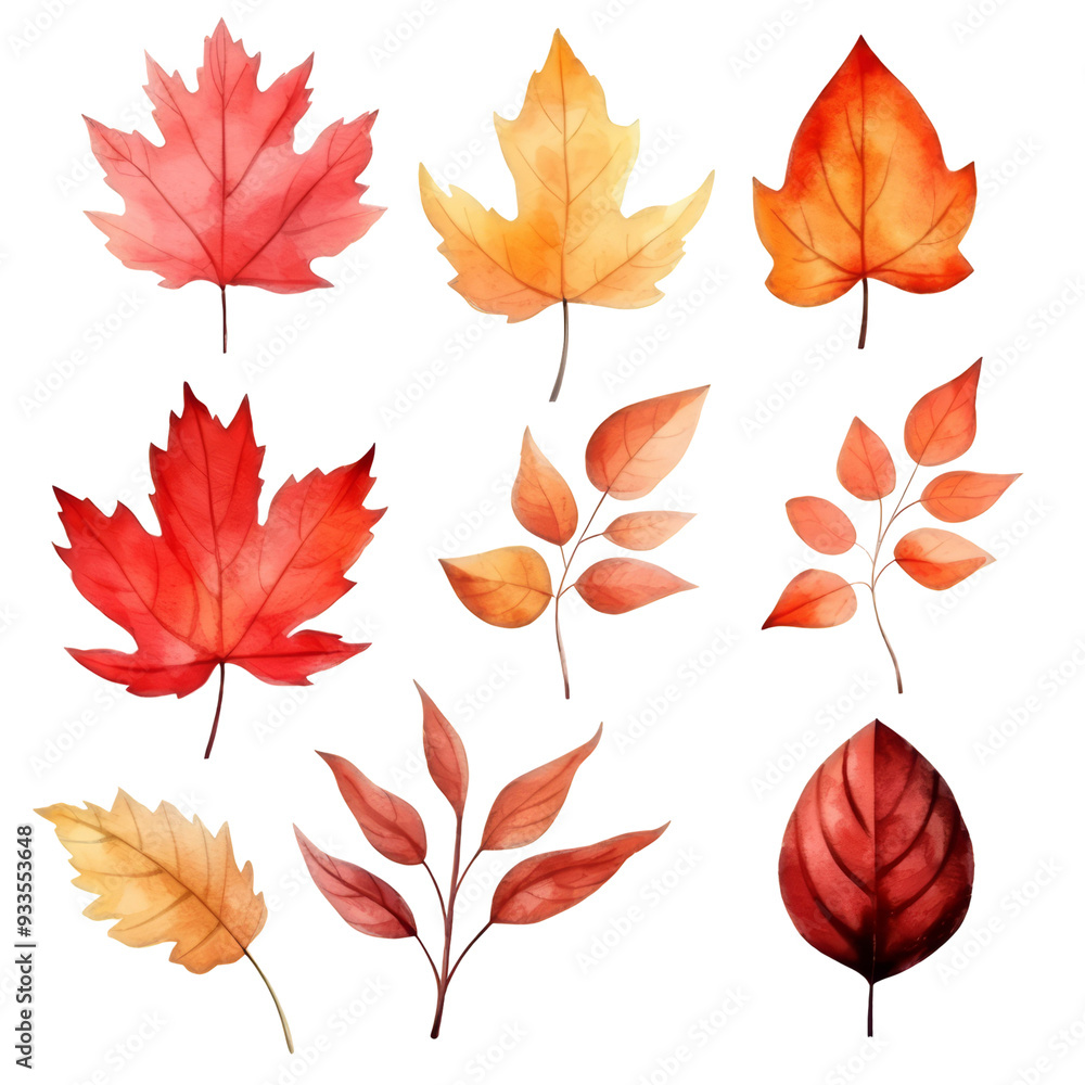 A collection of nine autumn leaves in shades of red, orange and yellow, isolated on a transparent background. A collection of nine autumn leaves in shades of red, orange and yellow, isolated on a transparent background.