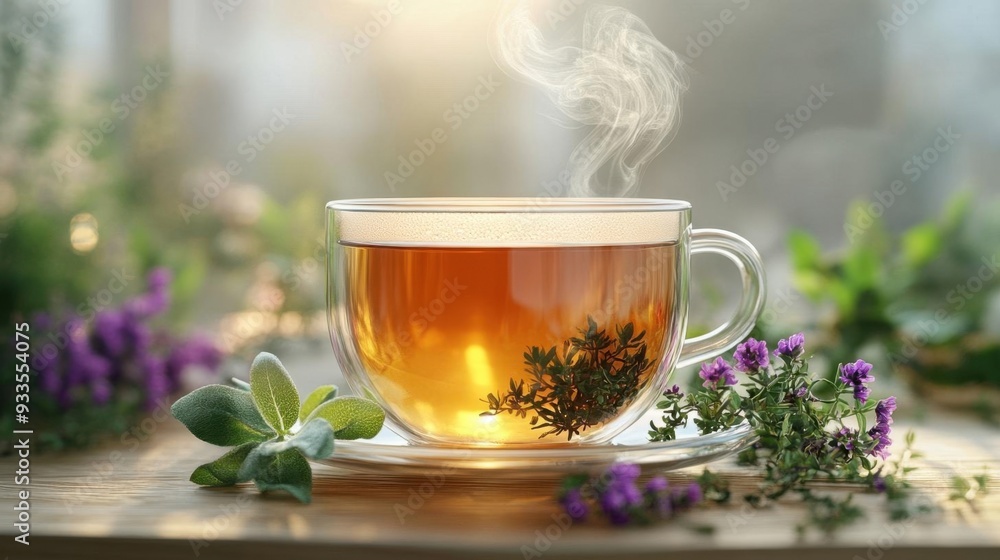 A warm cup of herbal tea with steam rising, surrounded by fresh herbs and flowers, creating a tranquil and refreshing scene. A warm cup of herbal tea with steam rising, surrounded by fresh herbs and flowers, creating a tranquil and refreshing scene.
