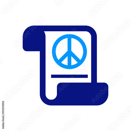 Scroll with peace symbol, bold blue and light blue colors, peace, message, activism, protest, social movement, striking imagery, minimalistic design, hope, unity, communication, symbol of peace.