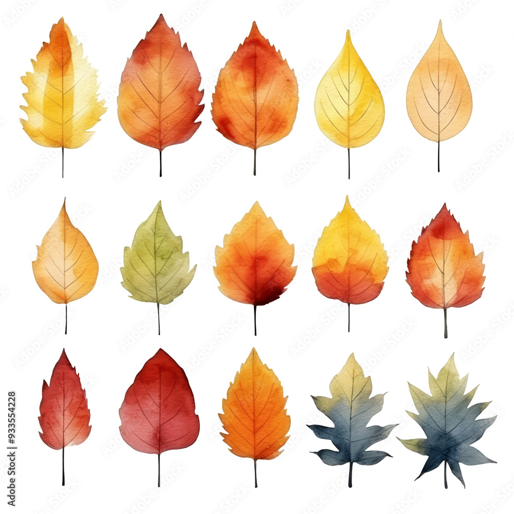 Collection of 15 watercolor autumn leaves in various shades of yellow, orange, red and brown. Collection of 15 watercolor autumn leaves in various shades of yellow, orange, red and brown.