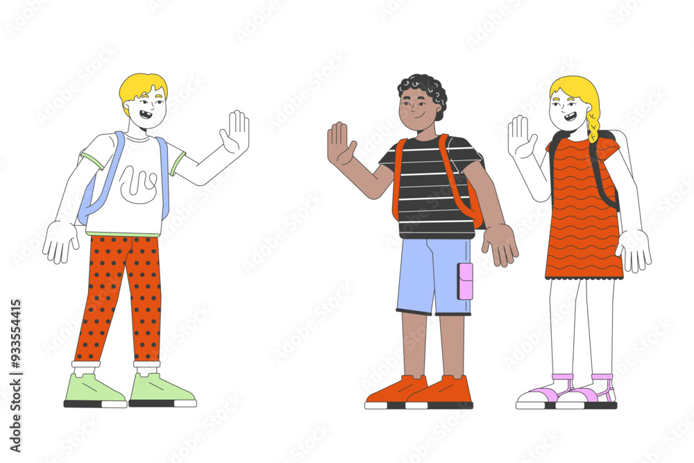 Diverse schoolkids greeting each other 2D cartoon characters. Schoolboys, schoolgirl. Happy schoolmates isolated flat vector people white background. Back to elementary school color spot illustration Diverse schoolkids greeting each other 2D cartoon characters. Schoolboys, schoolgirl. Happy schoolmates isolated flat vector people white background. Back to elementary school color spot illustration