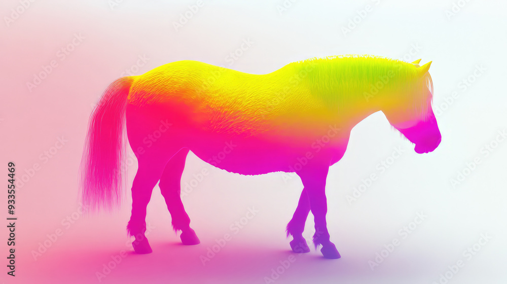 The image depicts a horse with a gradient of vibrant rainbow colors covering its body, set against a clean white background, creating a surreal and eye-catching visual. The image depicts a horse with a gradient of vibrant rainbow colors covering its body, set against a clean white background, creating a surreal and eye-catching visual.