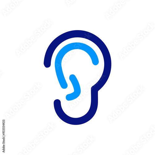 Blue ear icon, outlined in dark blue, simple bold design, light blue inner ear, geometric shapes, white background, clear and clean, hearing symbol, auditory system representation,health communication