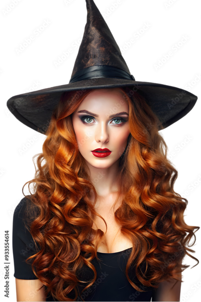 beautiful young woman in witches hat with long hair on transparent background beautiful young woman in witches hat with long hair on transparent background