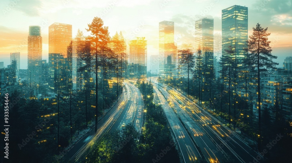 Road construction with environmental considerations close up, focus on, copy space Earthy and sustainable colors, Double exposure silhouette with trees and roads Road construction with environmental considerations close up, focus on, copy space Earthy and sustainable colors, Double exposure silhouette with trees and roads