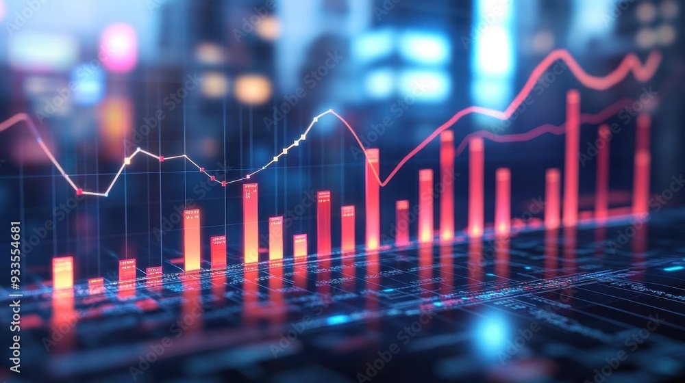Financial chart with red bars and lines, showing growth and volatility in a city backdrop. Financial chart with red bars and lines, showing growth and volatility in a city backdrop.