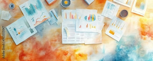 Top-down view of a watercolor business desk with scattered papers, strategic charts, and planning tools, highlighting the creative side of strategy development