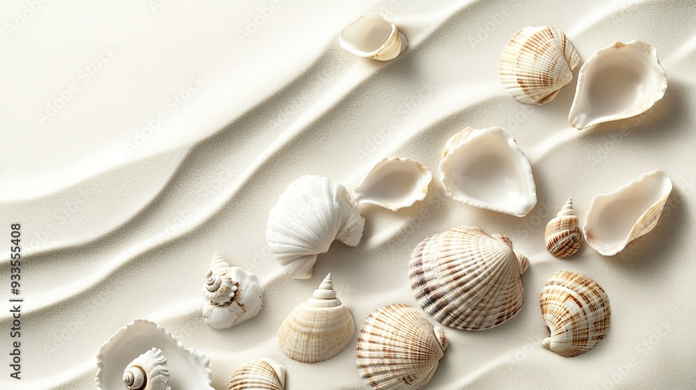 A pristine white sand surface adorned with a collection of seashells, set against a plain background, capturing the essence of minimalism and coastal charm. A pristine white sand surface adorned with a collection of seashells, set against a plain background, capturing the essence of minimalism and coastal charm.