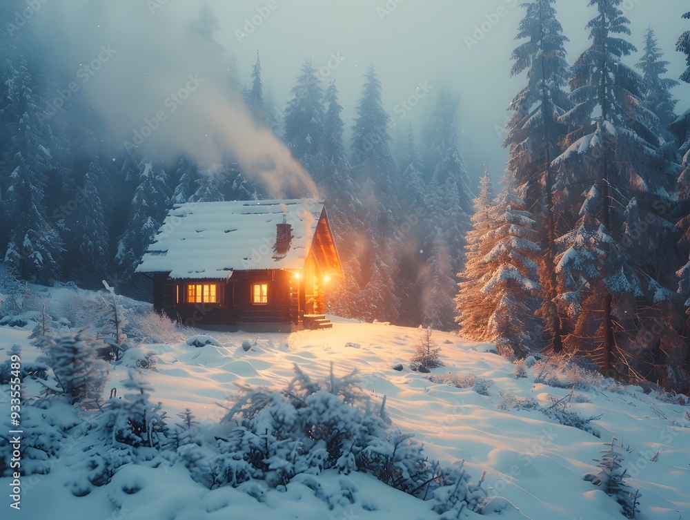 Cozy Winter Cabin in Snowy Forest with Warm Glowing Lights and Smoke from Chimney Cozy Winter Cabin in Snowy Forest with Warm Glowing Lights and Smoke from Chimney