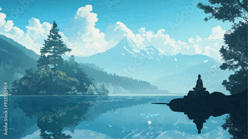 Beautiful vector illustration of a serene Japanese zen landscape, designed to evoke tranquility and peace