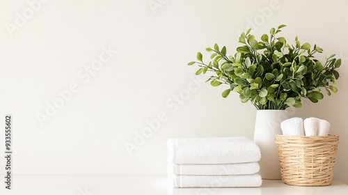 White Towels and Houseplant on White Top Table