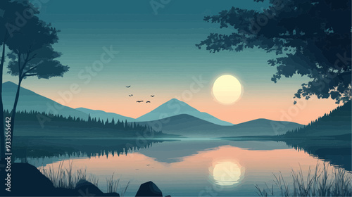 Beautiful vector illustration of a serene Japanese zen landscape, designed to evoke tranquility and peace