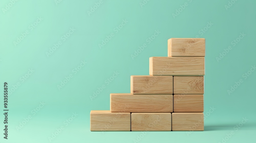 Wooden blocks stacked in ascending staircase formation, light green background, minimalist, clean design, upward arrow pointing diagonally, growth concept. Wooden blocks stacked in ascending staircase formation, light green background, minimalist, clean design, upward arrow pointing diagonally, growth concept.