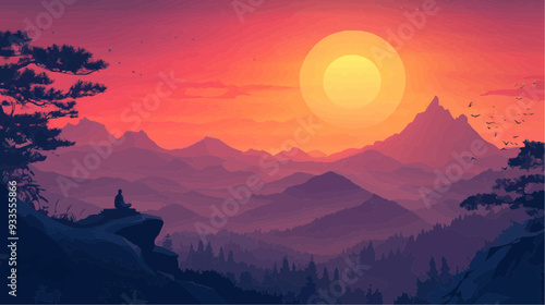 Beautiful vector illustration of a serene Japanese zen landscape, designed to evoke tranquility and peace