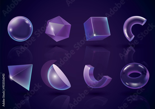 Set of glass figures in 3d cartoon design. Incredible glowing glass figures on a dark background are the decoration of this collection. Vector illustration.