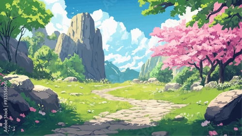 Beautiful vector illustration of a serene Japanese zen landscape, designed to evoke tranquility and peace