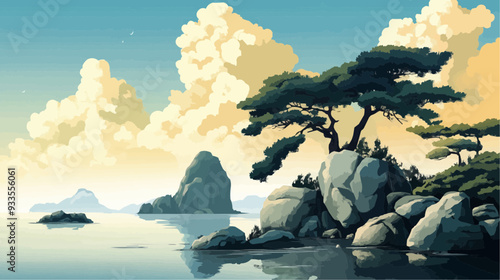 Beautiful vector illustration of a serene Japanese zen landscape, designed to evoke tranquility and peace