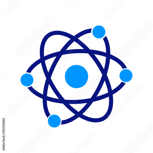 Abstract atom icon with dark blue orbiting rings and four blue spheres, clean geometric design, white background, science and innovation symbol, clear, modern, and minimalistic, dynamic energy visual.