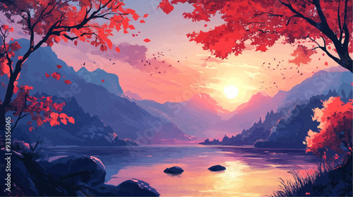 Beautiful vector illustration of a serene Japanese zen landscape, designed to evoke tranquility and peace
