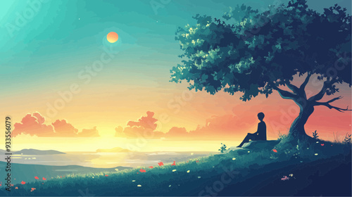 Beautiful vector illustration of a serene Japanese zen landscape, designed to evoke tranquility and peace