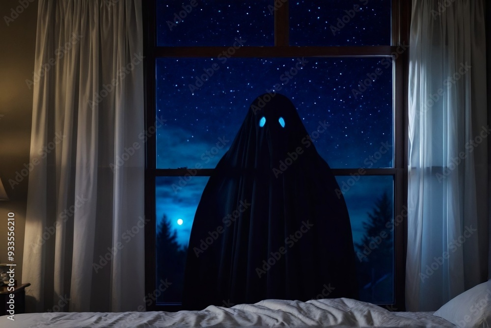 Ghost Silhouette in Bedroom Window at Night with Copy Space. Halloween and Horror Story Concept. Ghost Silhouette in Bedroom Window at Night with Copy Space. Halloween and Horror Story Concept.