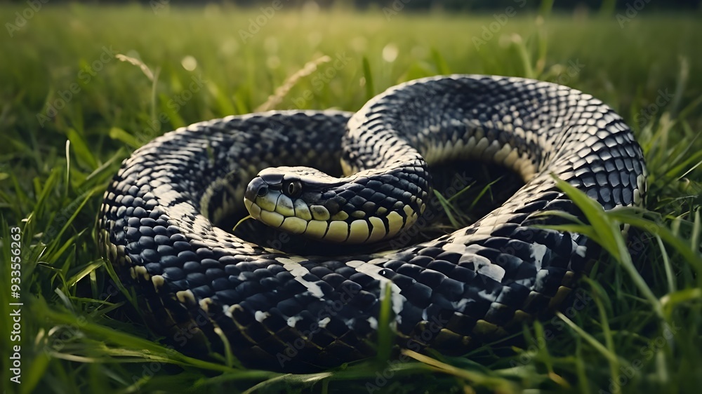 A majestic serpent, coiled in a meditative pose, surrounded by a tranquil meadow of lush green grass and a serene atmosphere. A majestic serpent, coiled in a meditative pose, surrounded by a tranquil meadow of lush green grass and a serene atmosphere.