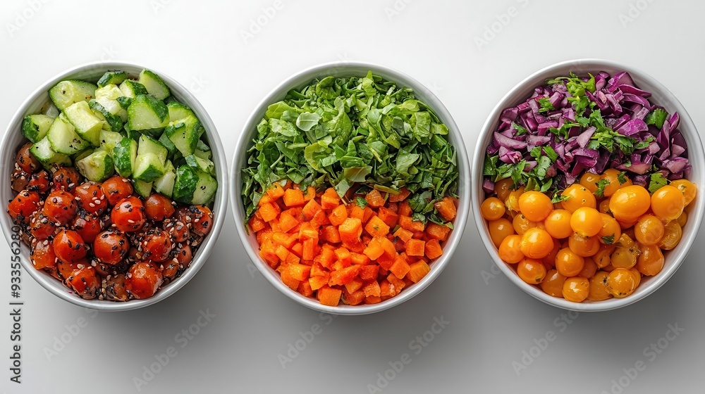 trio of vibrant fresh salad bowls with colorful vegetables grains and toppings clean white background trio of vibrant fresh salad bowls with colorful vegetables grains and toppings clean white background