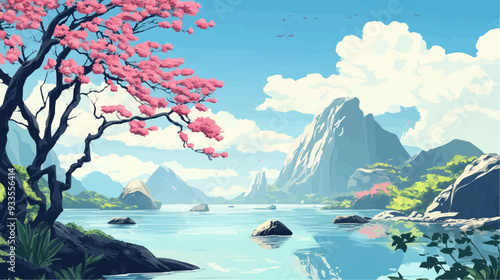 Beautiful vector illustration of a serene Japanese zen landscape, designed to evoke tranquility and peace