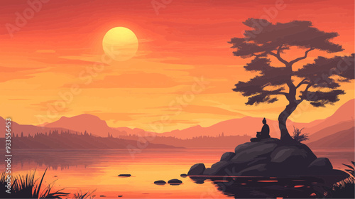 Beautiful vector illustration of a serene Japanese zen landscape, designed to evoke tranquility and peace