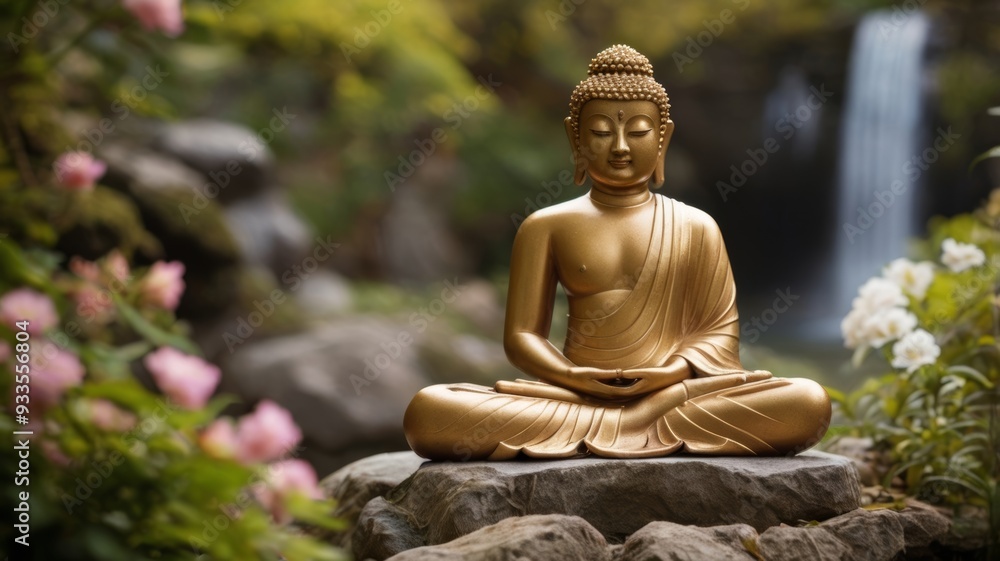A bronze Buddha statue in pose for meditation in a Japanese garden among blooming greenery on a background of waterfall A bronze Buddha statue in pose for meditation in a Japanese garden among blooming greenery on a background of waterfall