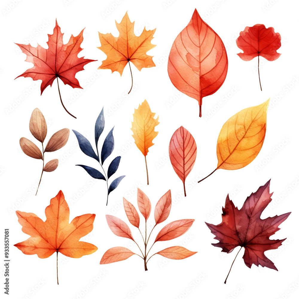 Watercolor illustration of autumn leaves in various shapes and colors. Watercolor illustration of autumn leaves in various shapes and colors.